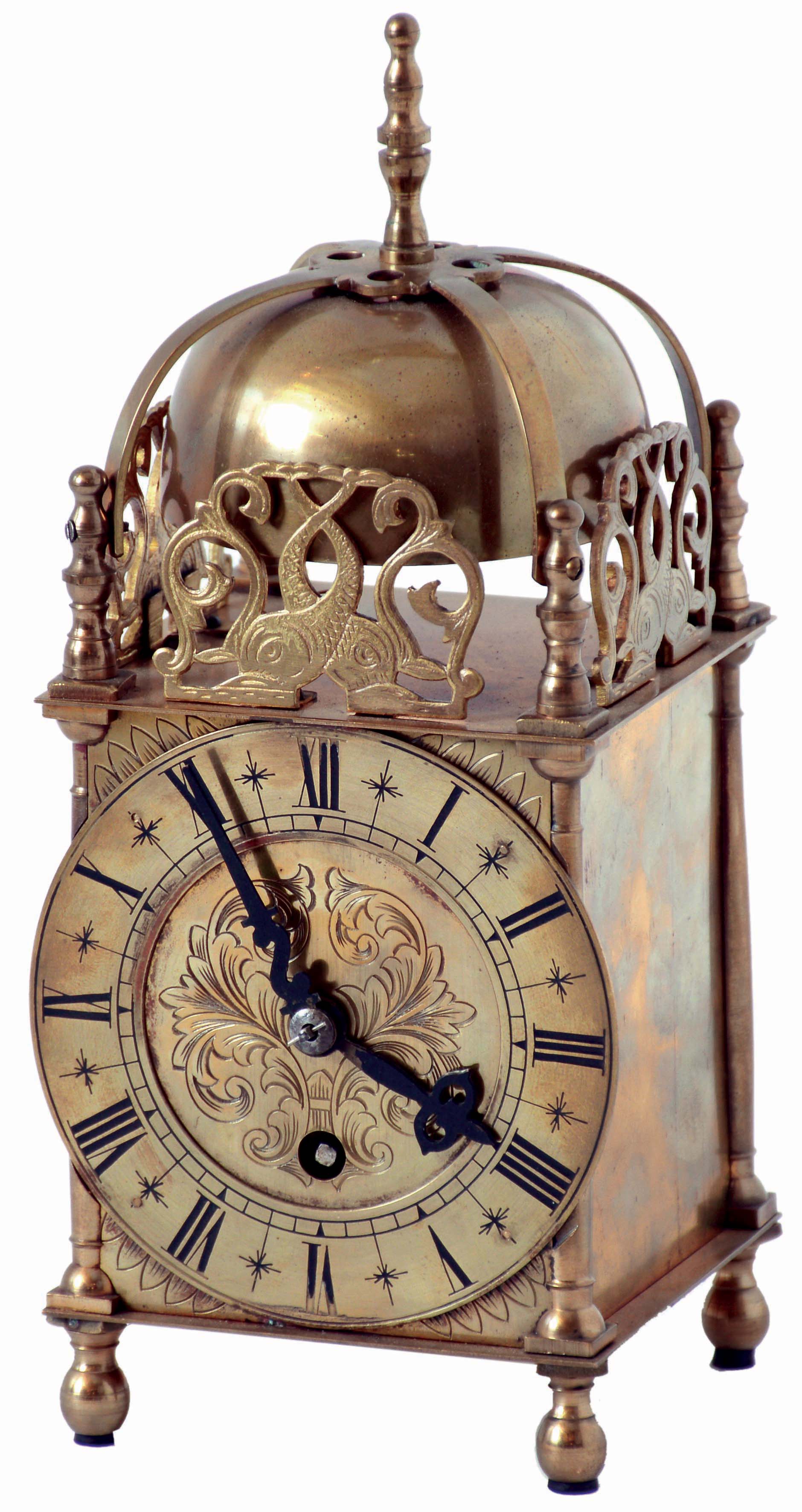 Empire, England, reproduction, 8 days, time only brass lantern clock, c1930 — Antique Clocks Price Guide
