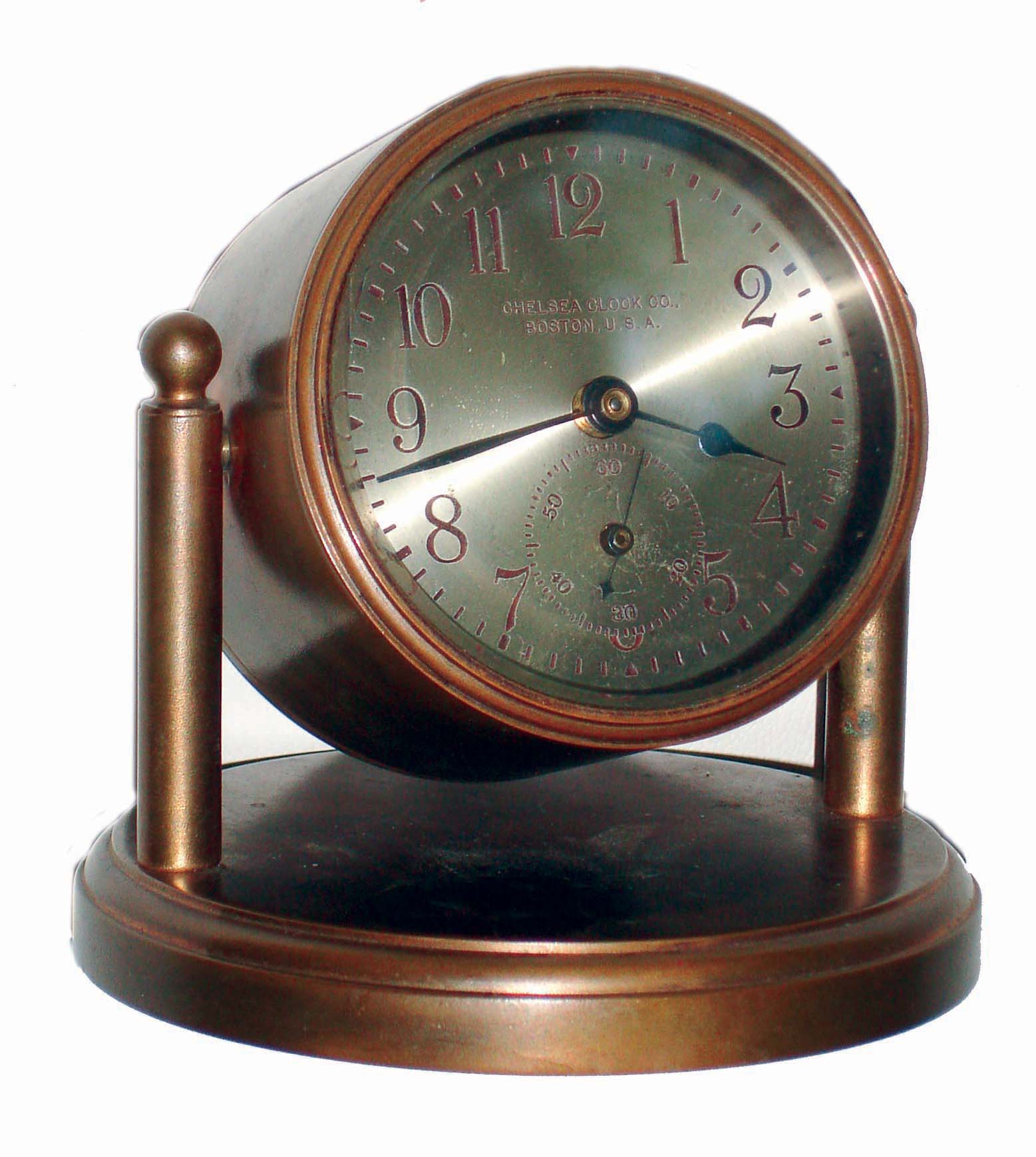 Chelsea Clock Co., Boston, Mass., "Hancock", 2 3/4" dial bronze swivel head desk clock #180434, 1927 — Antique Clocks Price Guide