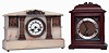 Clocks- 2 (Two): (1) F. W. Elliott, Croydon, England, 8 days, time, strike and Westminster chime, spring driven brass lever movement bracket clock. (2) French, 8 days, time and strike, spring driven brass movement in onyx mantel case with applied metal decoration.