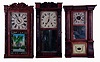 Clocks- 3 (Three) American: (1) C. & L. C. Ives, Bristol, CT 30 hours, time and strike weight driven wood movement half column & splat shelf clock, c1832. (2) Riley Whiting, Winchester, CT 30 hours, time and strike weight driven wood movement carved half column & splat shelf clock, c1830. (3) John Birge & Co., Bristol, Ct., 8 days, time and strike weight driven brass movement Column & Cornice shelf clock, c1848.
