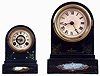 Clocks- 2 (Two): (1) Terry Clock Co., Waterbury, Conn., small iron case clock with a spring driven, 30 hours, time and alarm movement, c1870. (2) Terry Clock Co., Waterbury, Conn., larger iron case clock with a spring driven, 8 days, time and strike movement, c1870.