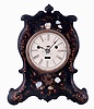 Terryville Manufacturing Co., Terryville, Conn. inlaid pearl and paint decorated iron front shelf clock with 30 hours, spring driven, time and strike movement with Silas B. Terry's patented torsion escapement, c1852.