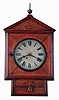 Folk Art wall clock, large, well made oak case with gabled facade, incised line carving, ogee and astragal moldings, and hinged access panel for pendulum with applied, carved hourglass, and also carved "Improving The Time", top with brass finial, Roman numeral paper dial, spade and poker hands, 8 days spring driven, timepiece movement by Ansonia, case dated in pencil on back, 1882