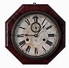 Clocks- 3 (Three) American: (1) Waterbury Clock Co., 8 days, spring driven brass movement drop octagon calendar timepiece, c1900. (2) Atkins Clock Co., 8 days, spring driven brass movement "Octagon Drop" wall timepiece, c1870. (3) Ansonia Clock Co., New York, NY, 8 days, time and strike, spring driven brass balance wheel movement octagon wall clock with seconds dial, c1900.