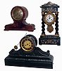 Clocks- 3 (Three) French, 8 days, time and strike mantel clocks: large marble; twist-column ebonized portico, and mahogany tambour, late 19th century
