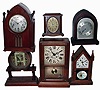 Clocks- 10 (Ten) Connecticut shelf, mantel and banjo styles: modern New England Clock Co., 8 days, time and strike cottage with German movement; banjo clocks include 2 Seth Thomas and 1 New Haven; Seth Thomas, 8 days, time and strike, in lancet case; Waterbury time only, 30 hours, small steeple; Seth Thomas 4 jewel rear wind; New Haven Westminster chime; 4 column mantel with no dial; New Haven "Larina", 8 days octagon wall clock; 20th century