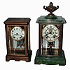 Clocks- 2 (Two), 8 days, time and strike crystal regulator mantel clocks: Ansonia "Herald" with green onyx base and top, visible escapement, c1905; Seth Thomas "Orchid No 1/2" with round Kaiser movement, c1902