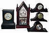 Clocks- 5 (Five) mantel clocks: 3 mahogany tambours by Gilbert, New Haven & Seth Thomas (striking); French black slate time and strike; and Welch, 30 hours, time and strike steeple; late 19th and early 20th centuries