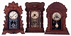 Clocks- 3 (Three): (1) Gilbert "Bouquet No. 50", 8 days, time and strike, spring driven brass movement shelf clock. (2) E. Ingraham & Co., 8 days, time and strike, spring driven brass movement shelf clock. (3) Sessions Clock Co., "Elite No. 37", 8 days, time, strike and alarm, spring driven brass movement shelf clock, all c1905.
