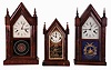 Clocks- 3 (Three) American: (1) Waterbury Clock Co., 30 hours, time and strike, spring driven brass movement "Small Gothic, V. P." steeple clock, c1900; (2) E. N. Welch Mfg. Co., 30 hours, time and strike, spring driven brass movement Sharp Gothic or Steeple clock, c1870; (3) Ansonia Clock Co., 30 hours, time and strike, spring driven brass movement Sharp Gothic or Steeple clock, c1880.
