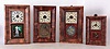 Clocks- 4 (Four) American OG's: (1) Gilbert Mfg. Co., Winsted, Conn mini OG in rosewood case with 30 hours, spring driven, time, strike and alarm movement, c1870; (2) New Haven Clock Co., New Haven, Conn OG in rosewood case with 30 hours, spring driven, time and strike movement, c1875; (3) William S. Johnson, NYC, OG in rosewood case with weight driven, 30 hours, time, strike and alarm movement, c1870; (4) Seth Thomas Clock Co., Thomaston, Conn OG in a rosewood case with 30 hours, weight driven, time and strike movement, c1875.