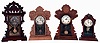 Clocks- 4 (Four) American: (1) Seth Thomas Clock Co., 8 days, time and strike, spring diven brass movement oak kitchen clock, c1910; (2) E. N. Welch Mfg. Co., "Donita", 8 days, time, strike and alarm spring driven brass movement shelf clock; (3) E. Ingraham & Co., "Cayuga" 8 days, time and strike oak kitchen clock, c1915; (4) Wm. L. Gilbert "Leda" 8 days, time and strike walnut parlor clock, c1879.