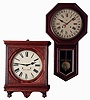 Clocks- 2 (Two): (1) Waterbury Clock Co., Waterbury, Conn. "Regent" wall clock in mahogany veneer with 8 days, time and strike, spring drivenmovement with simple calendar, c1902; (2) Seth Thomas Clock Co., Thomaston, Conn. "Office No. 5" wall clock in old oak veneer with 8 days, time and strike, spring driven movement, c1909.