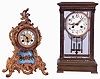 Clocks- 2 (Two): (1) Waterbury Clock Co., Waterbury, Conn., "Seine", 8 days, time and strike, spring driven brass movement mantel clock c1905. (2) French, 8 days, time and strike, spring driven brass movement crystal regulator shelf clock, c1900.