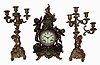 Ansonia Clock Co., New York, NY, "Criterion" golden cast spelter, with green marble inserts, mantel clock, with pair of candelabra, c1904