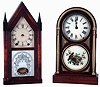 Clocks- 2 (Two): (1) Brewster and Ingrahams, Bristol, Conn., steeple clock in mahogany case with a 30 hours, spring driven, time and strike brass movement, c1845.; (2) Seth Thomas Clock Co., Thomaston, Conn "Chicago" mantel clock in a rosewood case with an 8 days, spring driven, time and strike movement, c1884.