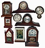 Clocks- 9 (Nine) Connecticut mantel and marine clocks: Seth Thomas and New Haven, 8 days chiming tambours; Seth Thomas marine, one outside bell; Waterbury inlaid wood, 8 days, time and strike crystal regulator; 4 shelf clocks by Seth Thomas, Jerome, Ingraham; all antique