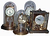 Clocks- 9 (Nine) German and English cuckoo, anniversary and marine: 3 Black Forest cuckoos including 1 large cuckoo and quail; 1Lux cuckoo; 4 German brass and glass 400-days; 1 Smith Astral English, 8 days, round brass marine with hinged bezel; early and mid 20th century