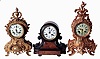 Clocks- 3 (Three): (1) French, A.D. Mougin, 8 days, time and strike, spring driven brass movement mantel clock. (2) French, Marti & Cie, 8 days, time and strike, spring driven brass movement mantel clock. (3) French, Japy Freres, 8 days, time and strike, spring driven brass movement mantel clock.