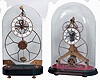 Clocks- 4 (Four) Chinese modern reproduction brass, glass, painted wood, and marble, 8 days, time only skeleton and upside-down swinger clocks, late 20th century