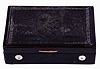 Switzerland, music box, rectangular case of tortoise shell and gutta percha, the top molded with Greek or Roman busts, flanked by winged figures bearing floral garlands, molded bottom with hobnail pattern, the mechanism playing two tunes, 2 1/2" cylinder with 14 section, 70 tooth comb, 3 3/4" x 2 3/8" x 1 1/4", 19th century