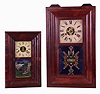 Clocks- 2 (Two) OG's and two wooden shelves: (1) William Johnson OG with alarm, 8 days, weight driven; (2) New Haven, 8 days, miniature OG; (3) large unfinished rustic shelf made from type of softwood; (4) banjo presentation base cherry shelf with "acorn" motif at bottom and girandole accents