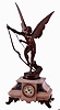 French figural mantel clock, cast spelter winged figure signed Mare Cassavetti on onyx and cast brass base with enameled plates, 8 days, time and strike, unsigned movement with count wheel and bell striking, c1890