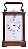 France, for Bigelow, Kennard, & Co., Boston, Mass., hour repeating carriage clock with alarm, gilt Corniche case with bevelled glasses, Roman numeral white enamel dial with with Arabic chapter alarm, blued steel Breguet style hands, 8 days, time, strike and alarm movement with lever platform, repeating the last hour on demand, c1890 and a Waltham 8 days car clock in leather travel case