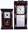 Clocks- 2 (Two): (1) Seth Thomas Clock Co., Thomaston, Conn "Shell Column" shelf clock in a rosewood and mahogany veneered case with a weight driven, 8 days, time and strike brass movement, c1870. (2) Austin Chittenden Lexington, Mass., Gilt capped Column and Stencilled Splat shelf clock in a mahogany veneered case with a weight driven, 30 hours, time and strike wood movement, c1838.