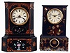 Clocks- 2 (Two): (1) New England Clock Co., Bristol, Conn., iron case mantel clock with gilt design and mother of pearl inlay with a spring driven, 8 days, time and strike movement, c1851. (2) Terry & Andrews, Ansonia Conn., iron case mantel clock with gilt and mother of pearl design and a spring driven, 8 days, time and strike, lyre movement, c1851.