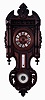 Clocks- 2 (Two): A French wall clock, carved wooden case with cast brass ornament in the rococo style, Roman numeral white enamel dial, 8 days timepiece movement, and a German wall clock, carved walnut case, wooden dial with Roman numeral enamel cartouches, 8 days time and strike movement, with thermometer and barometer, both c1900