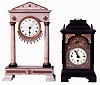 Clocks- 2 (Two): A small three train Austrian bracket clock, 2 day, in ebonized wooden case, Arabic numeral white enamel dial with repousse brass surround, quarter striking brass movement with verge escapement and alarm, c1800, and a French alabaster mantel clock of architectural form, Roman numeral white enamel dial with gilt hands, 8 days timepiece movement with silk thread suspension, c1790
