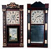 Clocks- 2 (Two) American: (1) Seth Thomas, 30 hours, time and strike, weight driven wood movement half column & splat shelf clock, c1830. (2) Burr & Chittenden, 30 hours, time and strike, weight driven wood movement half column & splat shelf clock, c1835.