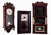 Clocks- 3 (Three): (1) Ansonia Clock Co., New York, NY, "Queen Elizabeth" wall clock in a walnut case with a spring driven, 8 days, time and strike movement, c1901. (2) Chauncey Boardman, Bristol, Conn. OG shelf clock in a mahogany case c1850 with a later Waterbury Clock Co spring driven, 8 days, time and strike movement. (3) Atkins & Downs for G. Mitchell and R. Atkins, Bristol, Ct., 8 days, wood movement triple decker (case only) with carved column, splat and paw feet, c1832.