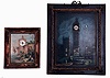 Clocks- 2 (Two): Both picture frame, the first with oil on masonite with mother of pearl inlay, night scene of Big Ben and boats on the Thames, with 8 days, brass quarter striking movement with lever escapement, a music box sounding the first three quarters of Westminster, and playing There's No Place Like Home" at the hour, in a dark oak frame with gilt ornament, c1900, the other with oil on sheet iron of a castle in a landscape, with a hunter and his dog in the foreground, 30 hours time only movement, in a gilt frame with gesso ornament, c1870