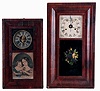 Clocks- 3 (Three) American: (1) Forestville Mfg. Co., 8 days, OG shelf clock case, c1845 (now with 30 hours, time and strike, weight driven brass movement); (2) Jeromes, Gilbert, Grant & Co., 30 hours, time and strike, weight driven brass movement bevel case shelf clock, c1839; (3) American Clock Co., New York, 8 days, time and strike, spring driven brass movement painted iron front shelf clock, c1855
