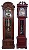 Tall clocks- 2 (Two): (1) Ridgeway, three train and three chimes- Westminster, Whittington and St. Michaels- in an oak case with arched top, c1970; (2) Empire, three train playing Westminster in an cherry case with broken arch top, c1970