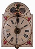 German, Black Forest, wooden works, "Wizzer", time, strike and alarm dial clock, front hung pendulum with double escape wheels, c1860