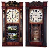 Clocks- 2 (Two):American: (1) George Mitchell, 30 hours, time and strike weight driven wood movement half column & splat shelf clock; (2) George Mitchell, 30 hours, time and strike weight driven wood movement half column & splat shelf clock, both earlier style cases with columns on sash, c1830.