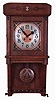 Lenzkirch, Germany, arts and crafts style wall clock, the rectilinear oak case with line and geometric ebony, pewter, ivory, and oak inlays, copper dial with applied, Arabic numeral chapter ring, stamped steel hands, 8 days, time and strike movement with decorated copper pendulum, case back with oval Lenzkirch stamp, serial #1,531,076, c1905