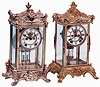 Clocks- 2 (Two) Connecticut cast metal base and top, 8 days, time and strike, brass and beveled glass crystal regulator mantel clocks with visible escapements: New Haven "Thoreau"; Ansonia "Zenith"; c1914