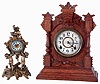 Clocks- 2 (Two): Ansonia Clock Co., "Tivoli", 8 days, time and strike, spring driven brass movement shelf clock. (2) Ansonia Clock Co., "Bonnie", 30 hours, spring driven brass movement novelty timepiece.