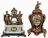 Clocks- 2 (Two): Both French, the first a Louis XV style with under painted horn veneered wooden case, mounted with gilt bronze ornaments in the Rococo style with a Chinese man and his parasol on top. Engraved, gilt dial with Roman numeral enamel cartouches, and plaque signed "Martinot A Paris", blued steel hands, 8 days, time and strike movement with square plates, and an alabaster base with metal clock case and flanking figures, Roman numeral white enamel dial, blued steel hands, 8 days, time and strike, pendule a Paris movement, resting on a gilt, velvet lined base, both late 19th century