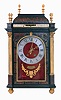 France, Pendule Religieuse, ebonized case with fine moldings and Boulle work on gilt ball feet, the red tortoise shell inlaid with scroll sawn, engraved brass, and with pewter stringing, the corners with gilt bronze, stop fluted, Corinthian pilasters, removable caddy top with gilt balustrade and eight flame finials, red velvet covered dial with Roman numeral pewter chapter ring, above a plaque engraved "Jerome Martinet a Paris", pierced and engraved brass hands, spring powered, 8 days, time and strike movement with Brocot escapement, mid 19th century, case with some earlier components