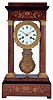 France, portico clock, rosewood veneered case with contrasting stringing and floral inlays, columns with gilt capitals and bases, top and base with ribbed, ebonized quarter round molding, gilt bezel and pendulum with leaf and scroll design, Roman numeral white enamel dial, gilt hands, 8 days, time and strike pendule a Paris movement marked Vincenti and Roblin a Paris, c1870