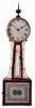 Boston 8 days, weight driven brass movement patent or banjo timepiece, c1825. Possible Simon Willard banjo as it is early with a head that is a uniform 1/2 inch thickness and has a very thin backboard. The movement has T-bridge suspension, through bolts to secure the movement. There are holes in the keystone for a crossbar. The throat frame is rabbeted on the back side and recessed into the sides of the case and anchored to the case with four screws. The door is latched to the case with an L-turn.
