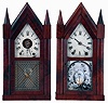 Clocks- 2 (Two): (1) Brewster & Ingrahams, Bristol, Conn., 30 hours, time and strike, spring driven brass iron back plate movement sharp gothic or steeple clock. (2) Brewster & Ingrahams., Bristol, Conn., 30 hours, time and strike, spring driven brass iron back plate movement sharp gothic or steeple clock, both c1845.