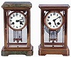 Clocks- 2 (Two): (1) French, Japy Freres, 8 days, time and strike, spring driven brass movement crystal regulator mantel clock. (2) French, 8 days, time and strike, spring driven brass movement brass and onyx crystal regulator mantel clock, both c1905.
