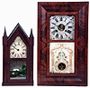 Clocks- 2 (Two): (1) J. S. Flet, Portland, Maine, overpasted label on a Brewster & Ingrahams 30 hours, time and strike, brass spring driven movement sharp gothic or steeple clock, c1848. (2) Elisha Manross, Bristol, Conn., 30 hours, time and strike, weight driven brass movement OG shelf clock, c1845.