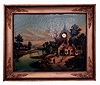 Austrian picture frame clock with an 8 days, time and half hour strike, French, spring driven, pendulum movement in a gold painted frame and painted oil on canvas village scene with church tower inset with 2" white enamel dial marked "WURTELL PARIS". There is a second single train auxiliary tripped by primary movement with two hammers and two gongs, [an angelus] c1865